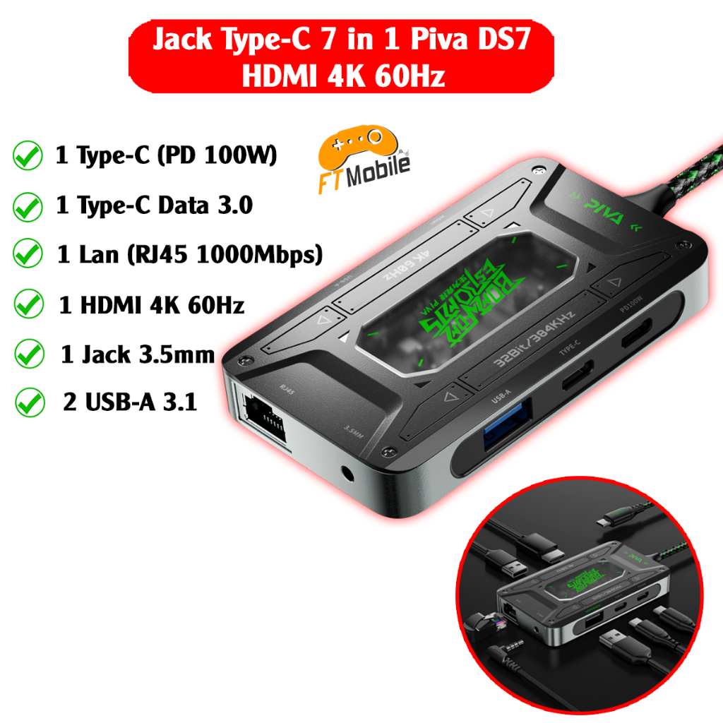 Piva DS7 Cổng chuyển đổi đa năng TypeC 7 in 1 hỗ trợ HDMI 4K60Hz Sạc PD ...