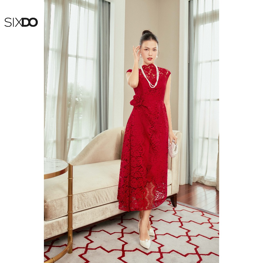 Đầm ren đỏ phối hoa SIXDO (Dark Red Cap Sleeves Midi Lace Dress ...