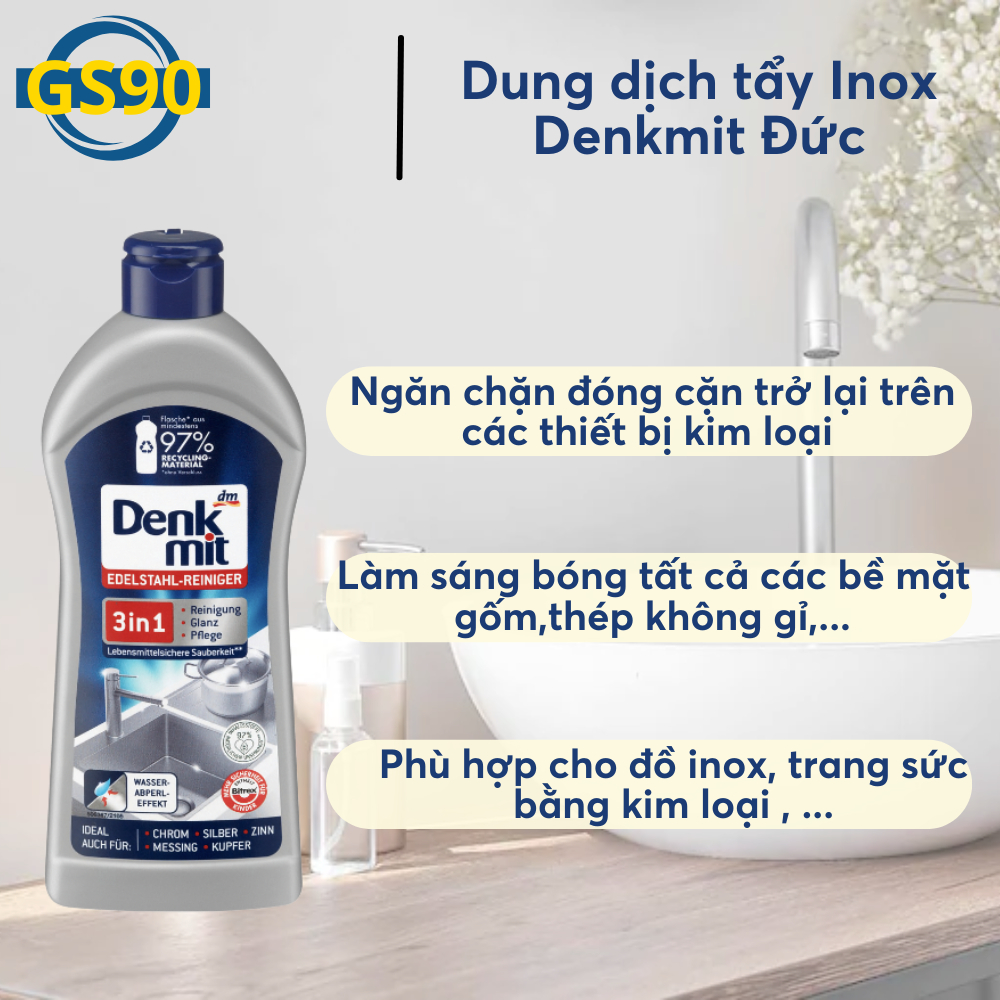 Dung dịch vệ sinh tẩy rửa inox, bồn rửa chén bát, tẩy dầu mỡ bếp DENKMIT 3IN1 chai 300ml Hàng Đức