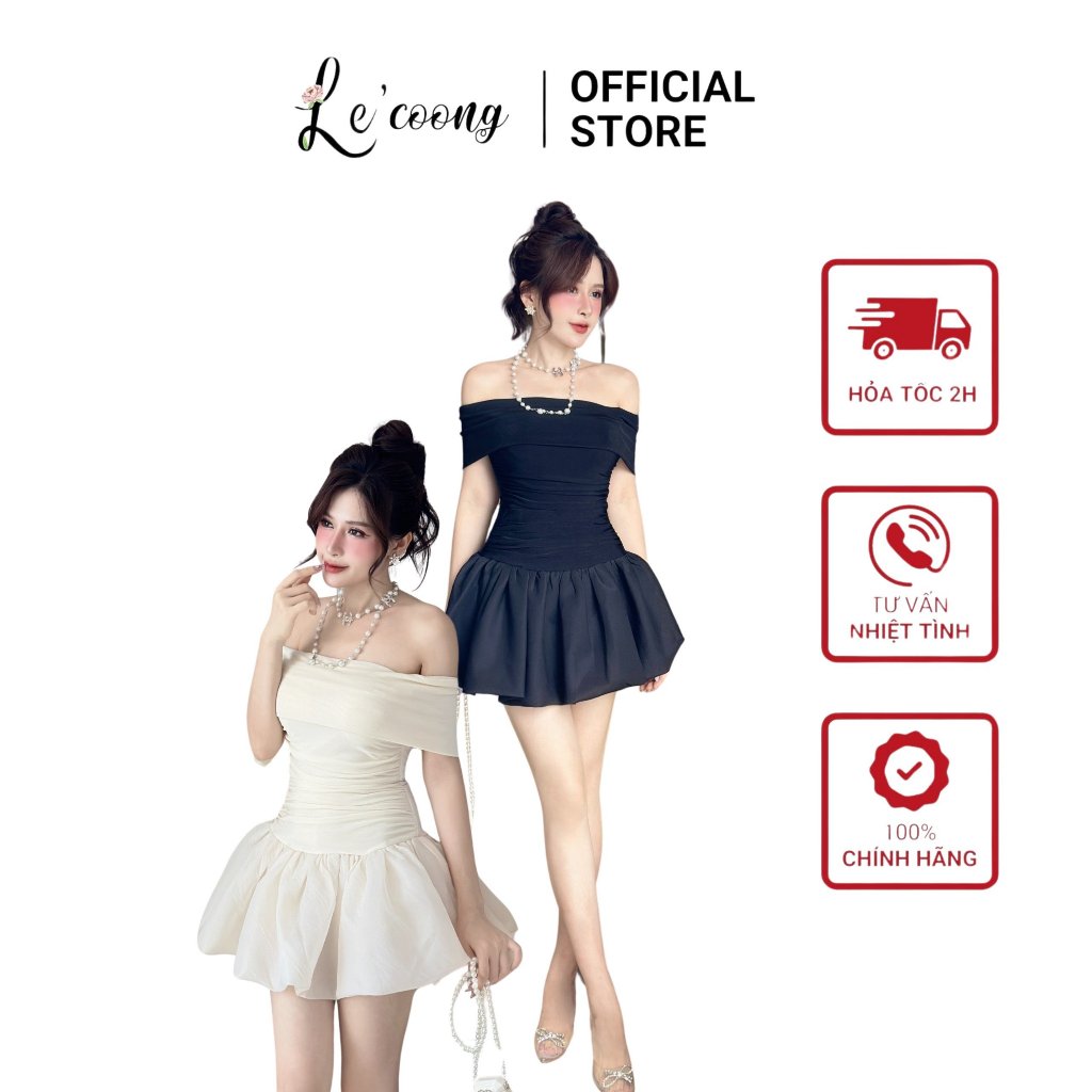 Ảnh Váy Đẹp Dáng Ngắn Chân Váy Bí LECOONG V617 Đầm Tiểu Thư Trễ Vai 1