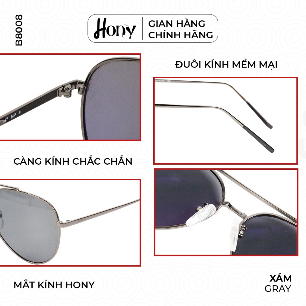Kính râm Nam thời trang HONY, tròng viền kim loại xám cổ điển B8008