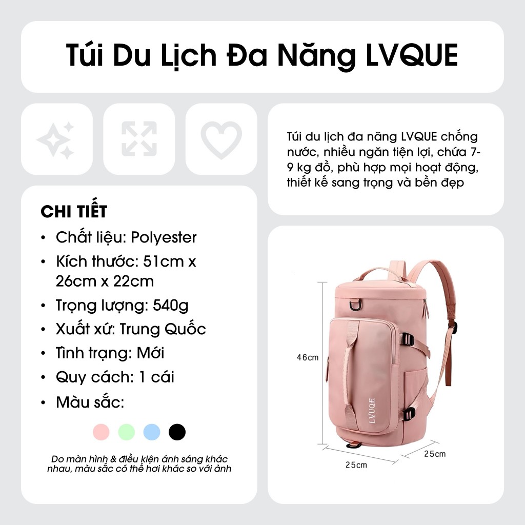 Balo Kiêm Túi Đeo Du Lịch VLQUE Đa Năng, Dày Dặn, Chống Thấm Nước, Có Ngăn Để Giày, Thời Trang - BaloLVQUE