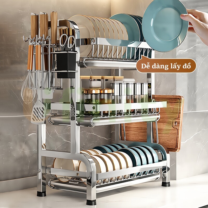 Lifinity INOX Kệ Để Chén Bát Đĩa Thông Minh Đa Năng 42/53cm 2/3 Tầng Kèm Khay Đựng