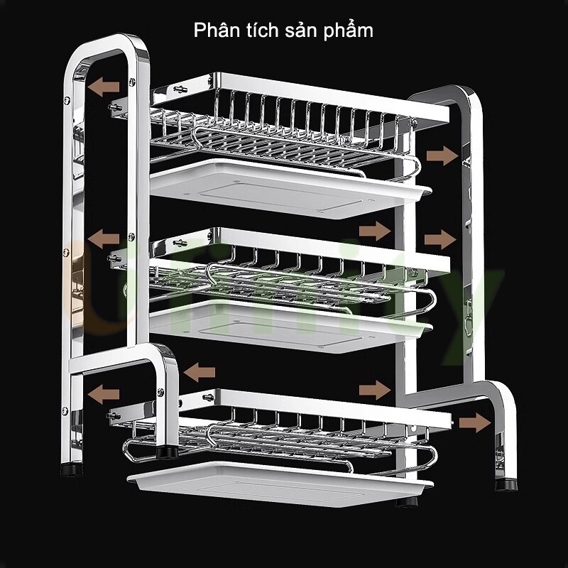 Lifinity INOX Kệ Để Chén Bát Đĩa Thông Minh Đa Năng 42/53cm 2/3 Tầng Kèm Khay Đựng