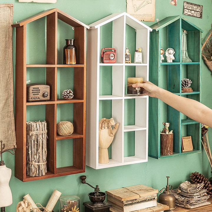 Kệ gỗ decor treo tường 4 tầng hình ngôi nhà để đồ trang trí phòng khách, phòng ngủ, decor phòng làm việc