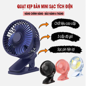 Quạt kẹp bàn tích điện mini, Quạt mini kẹp để bàn sạc tích điện không chổi than chạy cực êm nhiều màu sắc