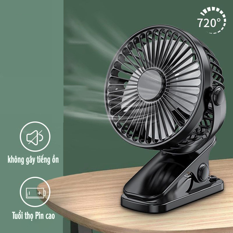 sạc và Pin tích điện)Quạt tích điện mini để bàn - Quạt kẹp bàn xoay 360 (Kèm dây