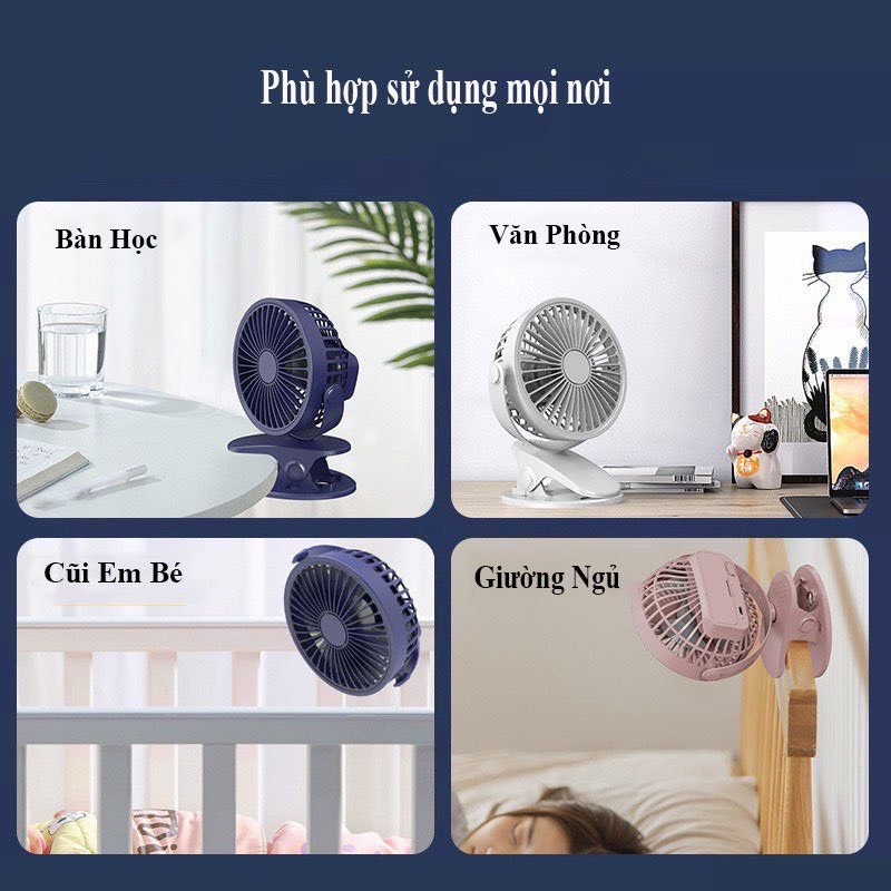 sạc và Pin tích điện)Quạt tích điện mini để bàn - Quạt kẹp bàn xoay 360 (Kèm dây