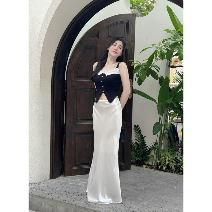 ( Lụa 2 lớp dài 100cm ) Chân váy lụa dáng đuôi cá sang trọng Unnie Váy lụa a dài tôn dáng- V08