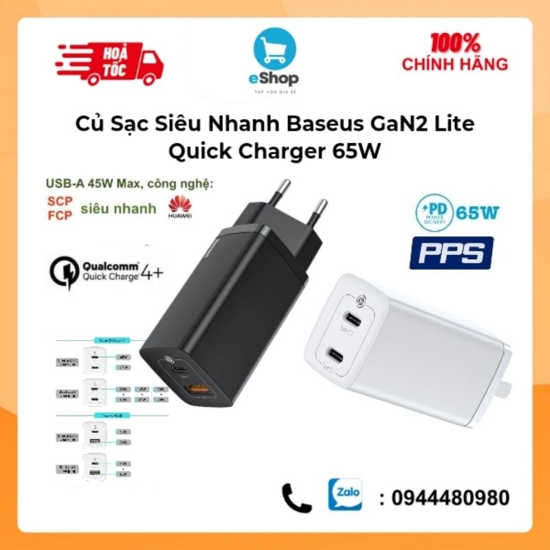 Củ Sạc Siêu Nhanh 65W Baseus GaN2 Lite Quick Charger (1A+1C/2C, PD3.0 ...