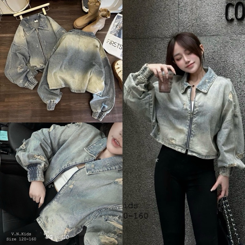 Áo khoác bò nữ rách loang màu tay bo chun khoá kéo phong cách Hàn Quốc ...
