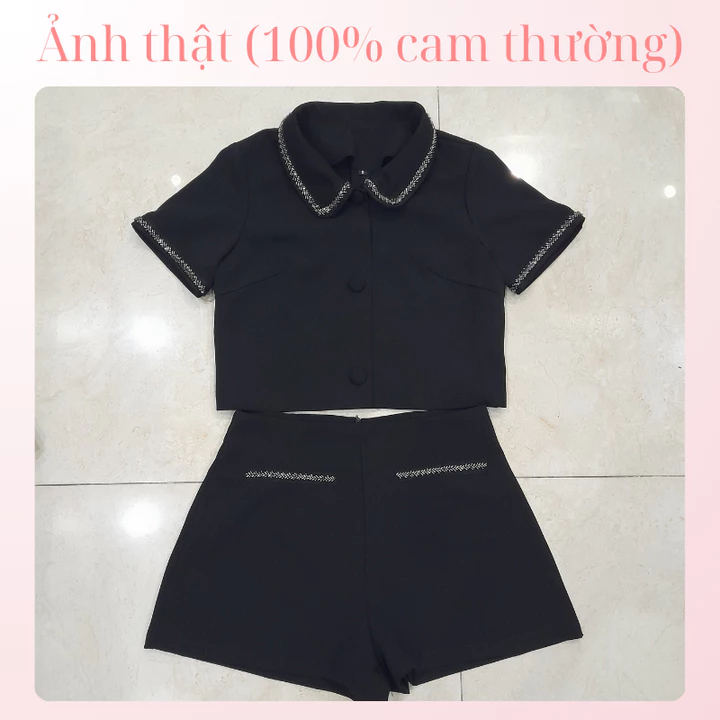 Set đồ nữ bộ đồ nữ tiểu thư gồm áo vest croptop nữ cộc tay phối cổ sen đính đá và quần đùi nữ lưng cao dáng chữ A SET004