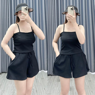 Đồ Bộ Bigszie nữ Áo Croptop Hai Dây Sợi Bún Quần Short Lưng Chun Có Túi Vải Thun Gân Co Giãn SET19