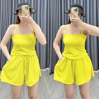 Đồ Bộ Bigszie nữ Áo Croptop Hai Dây Sợi Bún Quần Short Lưng Chun Có Túi Vải Thun Gân Co Giãn SET19