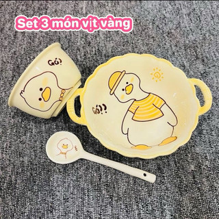 Sét bát sứ cao cấp 3 món hoạ tiết vịt vàng siêu cute