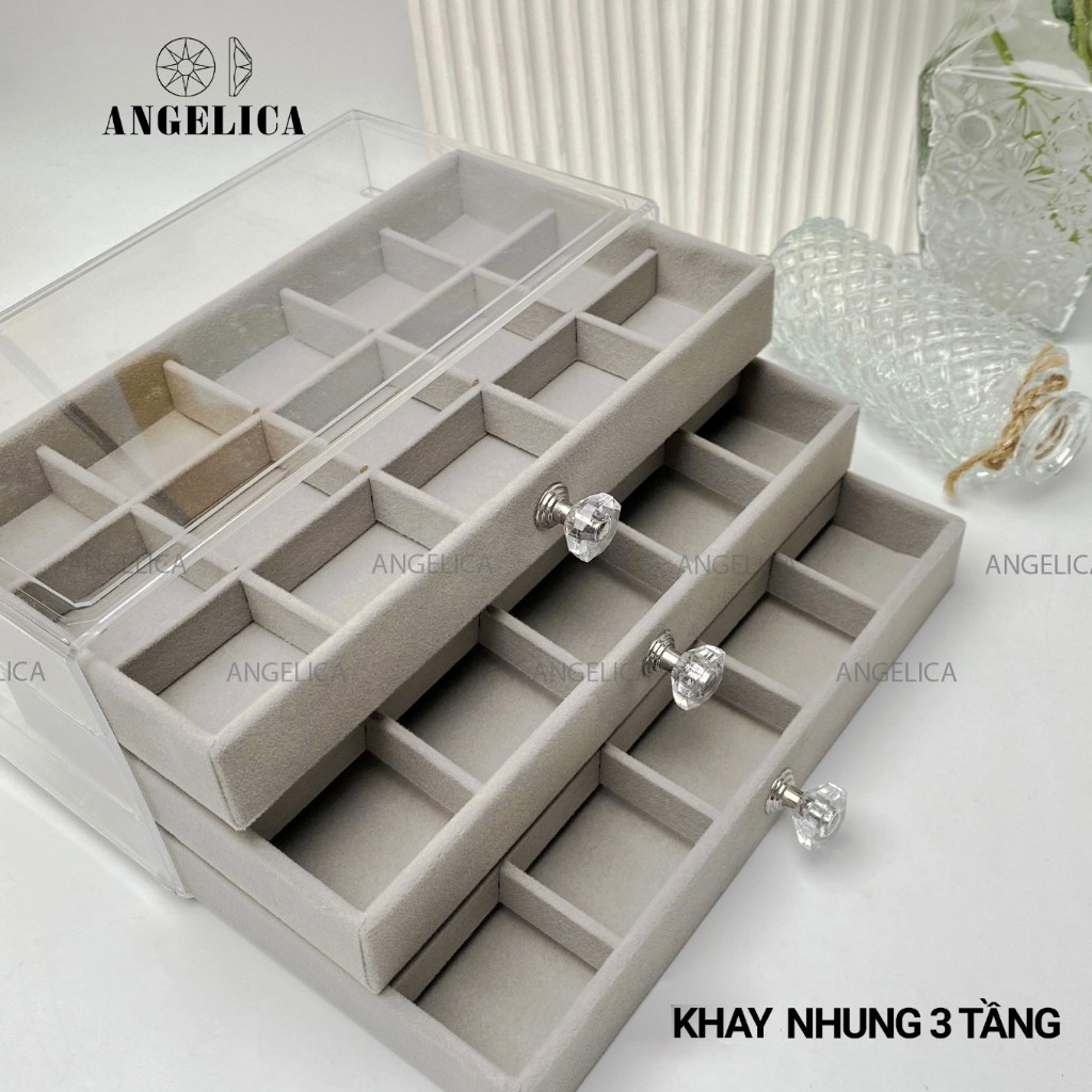 Hộp Đựng Trang Sức 3 Tầng Trong Suốt Mika Khay Nhung Thiết Kế Tinh Xảo Tiện Dụng