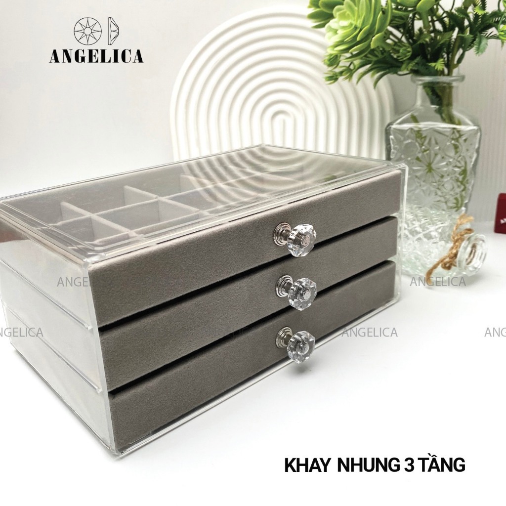 Hộp Đựng Trang Sức 3 Tầng Trong Suốt Mika Khay Nhung Thiết Kế Tinh Xảo Tiện Dụng