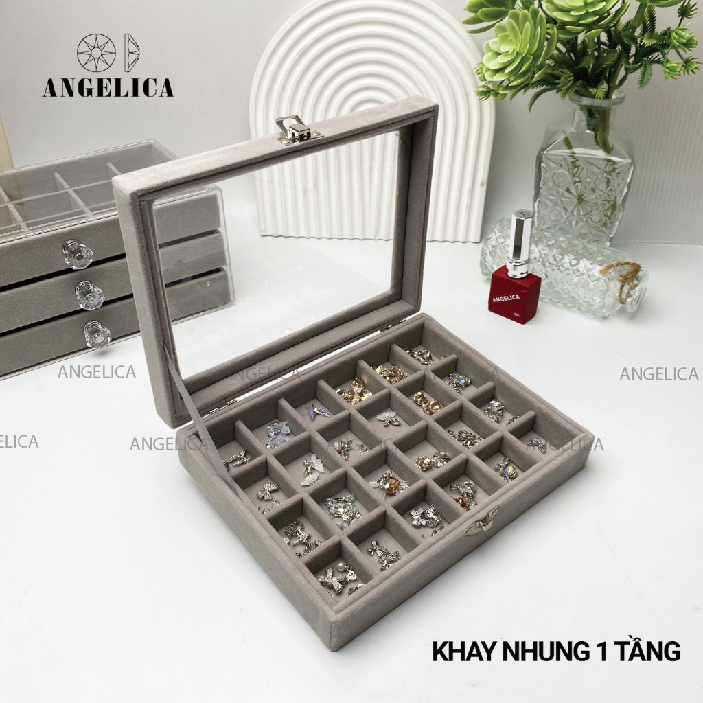 Hộp Đựng Trang Sức 3 Tầng Trong Suốt Mika Khay Nhung Thiết Kế Tinh Xảo Tiện Dụng