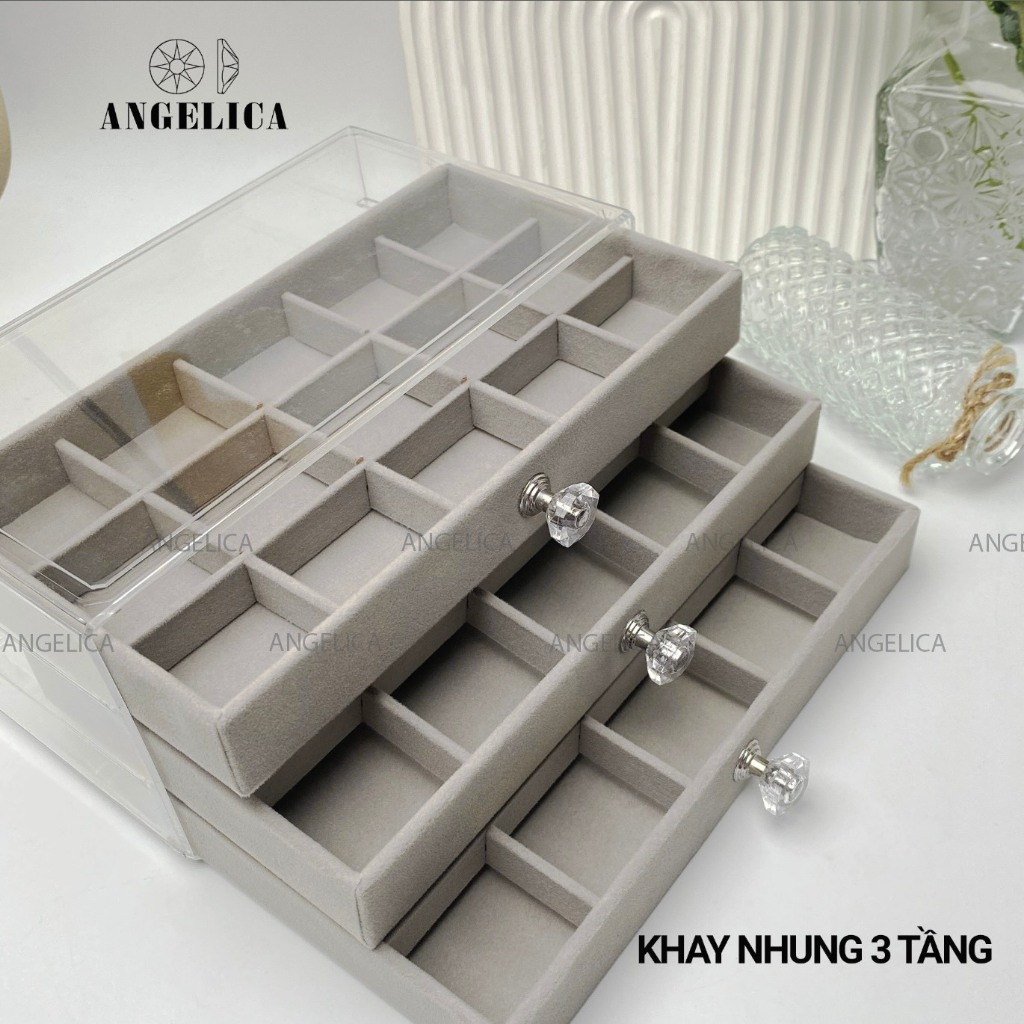 Hộp Đựng Trang Sức 3 Tầng Trong Suốt Mika Khay Nhung Thiết Kế Tinh Xảo Tiện Dụng