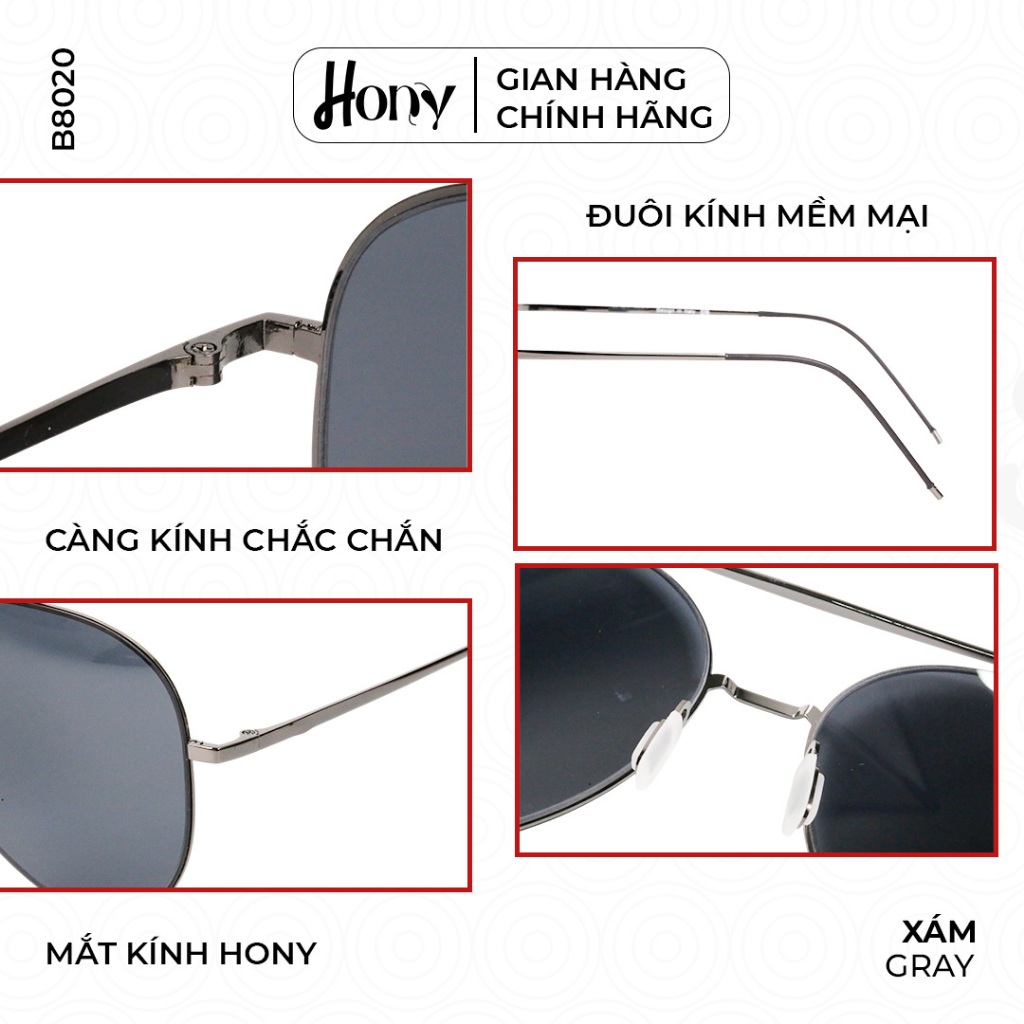 Kính râm Nam thời trang HONY, kim loại xám mảnh sang trọng B8020