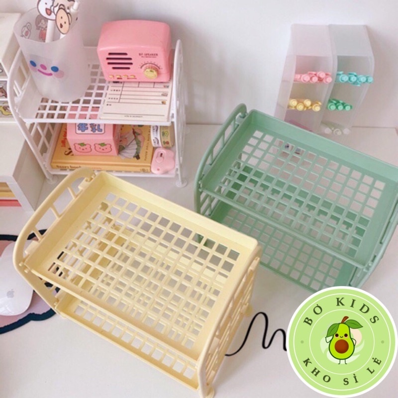 kệ nhựa mini 2 tầng để đồ gọn gàng, khay nhựa 2 tầng haki đựng đồ tiện ...