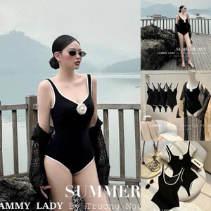 Bộ đồ bơi, bikini nữ liền thân sát nách đen hoa trà viền trắng có mút hở lưng gợi cảm (có sẵn)