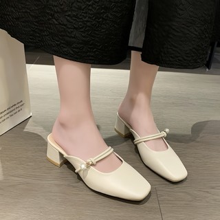 Dép Cao Gót Đế Vuông 5 phân Ngọc Trai lấp lánh nhẹ nhàng , basic - Giày Bánh Bèo mã Dép Sục NT