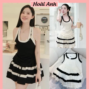 Set Bộ Đồ Nữ Áo 3 Lỗ Trơn Ôm Body Nhún Eo Phối Viền Mix Chân Váy Xếp Ly Phối Màu Có Quần Trong Freesize
