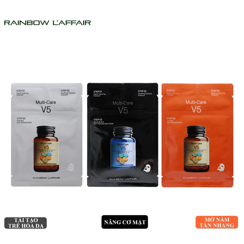 Mặt nạ 3 bước Multi care V5 Aqua Black Skin Renewal Black Mask Rainbow L'affair hạn 2028 IS414
