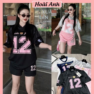 Set Bộ Đồ Thể Thao Nữ Số 12 Tráng Bạc Áo Thun Phối Màu In Gấu Trắng Cổ V Mix Quần Sooc Đùi Freesize
