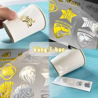 In Tem UV DTF  Nhũ Vàng Gold, Bạc Silver, Đỏ, 7 màu Hiệu ứng Hologram, Tem Nhũ Vàng Nổi 3D. Size 1 tờ 28x40cm