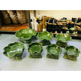 Bát Sen Tròn 8 Cánh Xanh Ngọc bằng gốm sứ trang trí ban thờ thần tđo