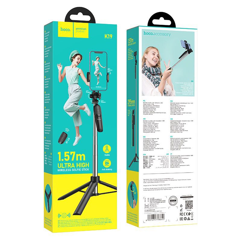 Gậy tripod Hoco K19 làm gậy chụp ảnh hoặc chân đứng giữ điện thoại, hỗ trợ kết nối bluetooth, chiều cao 1.5m