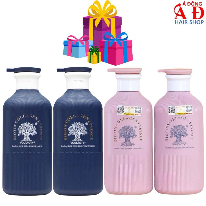Dầu gội xả Biotin Essence Voudioty Xanh - Hồng cao cấp phục hồi mềm mượt giảm gãy rụng 500ml