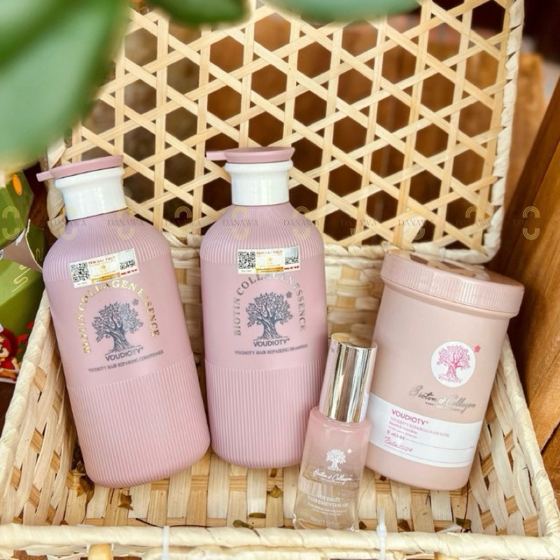 Dầu gội xả Biotin Essence Voudioty Xanh - Hồng cao cấp phục hồi mềm mượt giảm gãy rụng 500ml