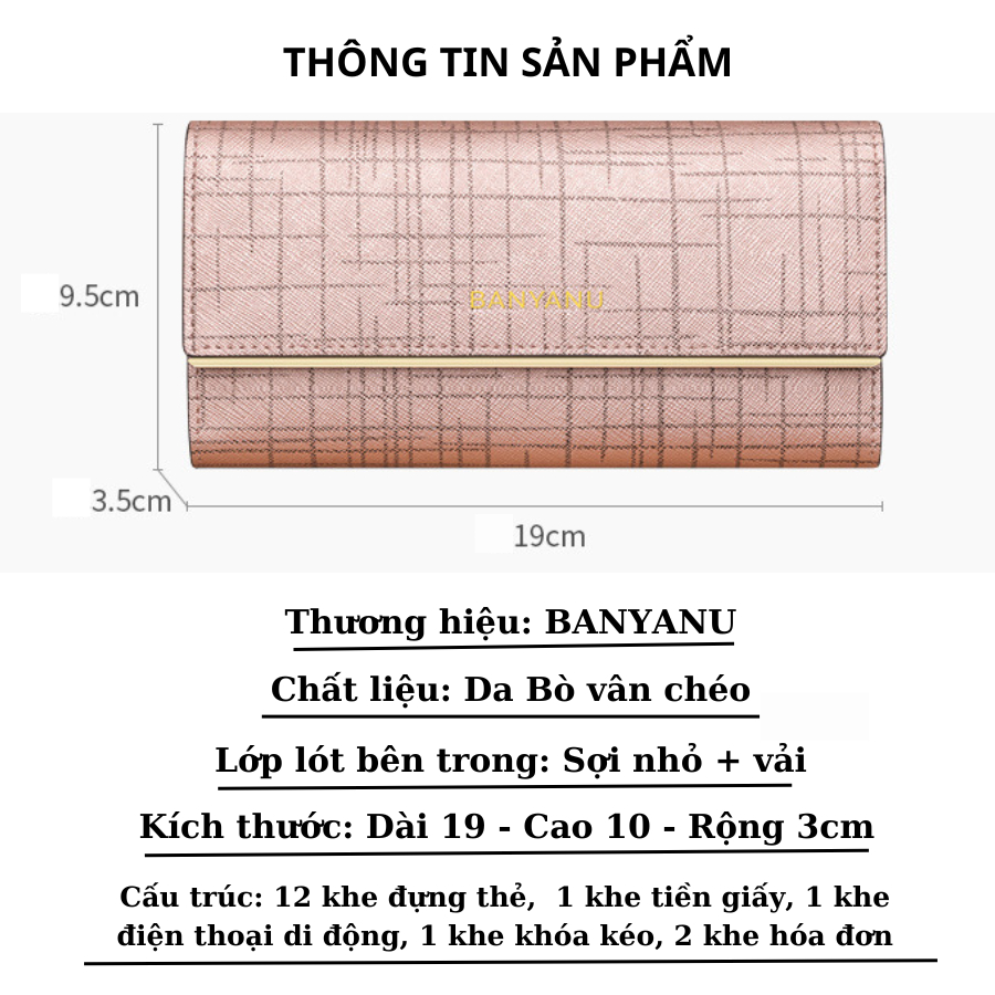Ví Nữ Dài Nữ Vắp Gập Da Bò Bóp Nữ Cầm Tay Dự Tiệc Chính Hãng BANYANU Cao Cấp Mẫu BCV-VN07 Có Hộp Làm Quà Tặng Sang Trọng