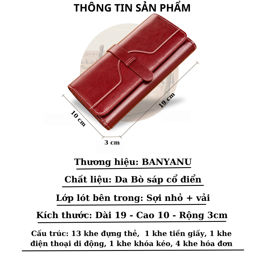 Ví Dài Nữ Nắp Gập Da Bò Bóp Nữ Cầm Tay Dự Tiệc Chính Hãng BANYANU Cao Cấp Mẫu BCV-VN06 Có Hộp Làm Quà Tặng Sang Trọng
