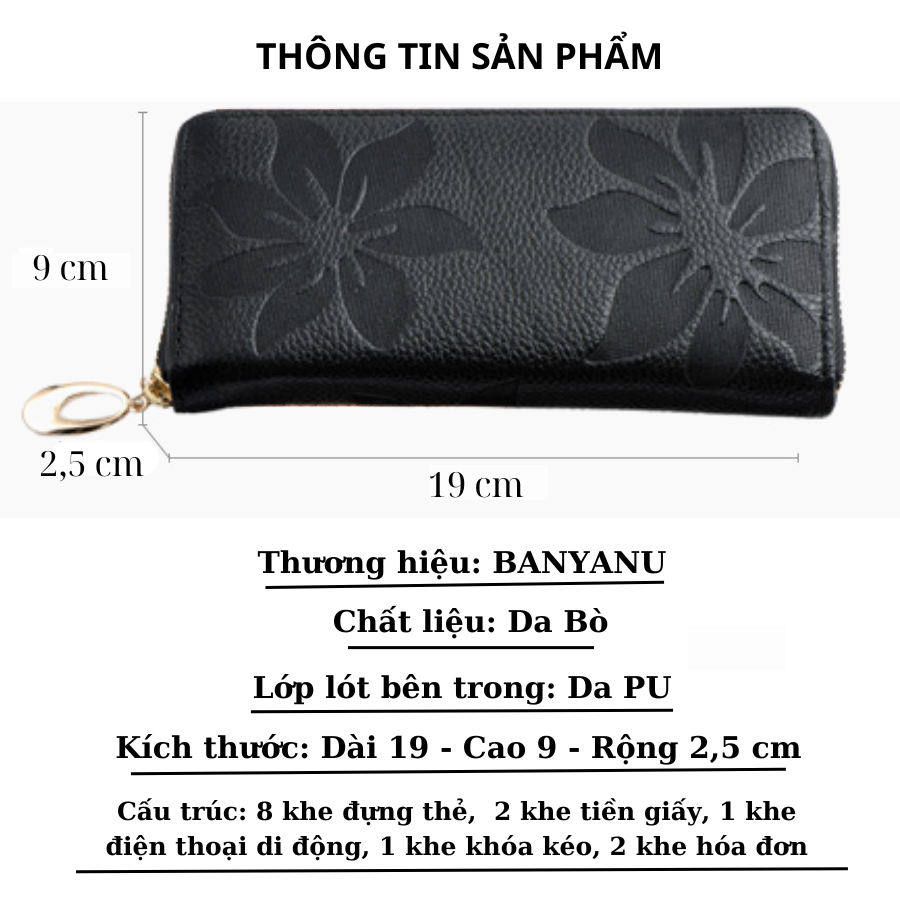 Ví Dài Nữ Da Bò Cầm Tay Dự Tiệc Bóp Nữ Chính Hãng BANYANU Cao Cấp Mẫu BCV-VN08 Có Hộp Làm Quà Tặng Sang Trọng Đủ Màu