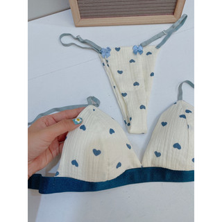 Set bộ đồ lót muslin tim xanh thoáng mát - handmade