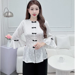 Đồ bộ bà ba cách tân nữ bộ đồ lam ống rộng đồ bà ba nữ đồ bộ bà ba đi chùa vải lụa gấm - cn109