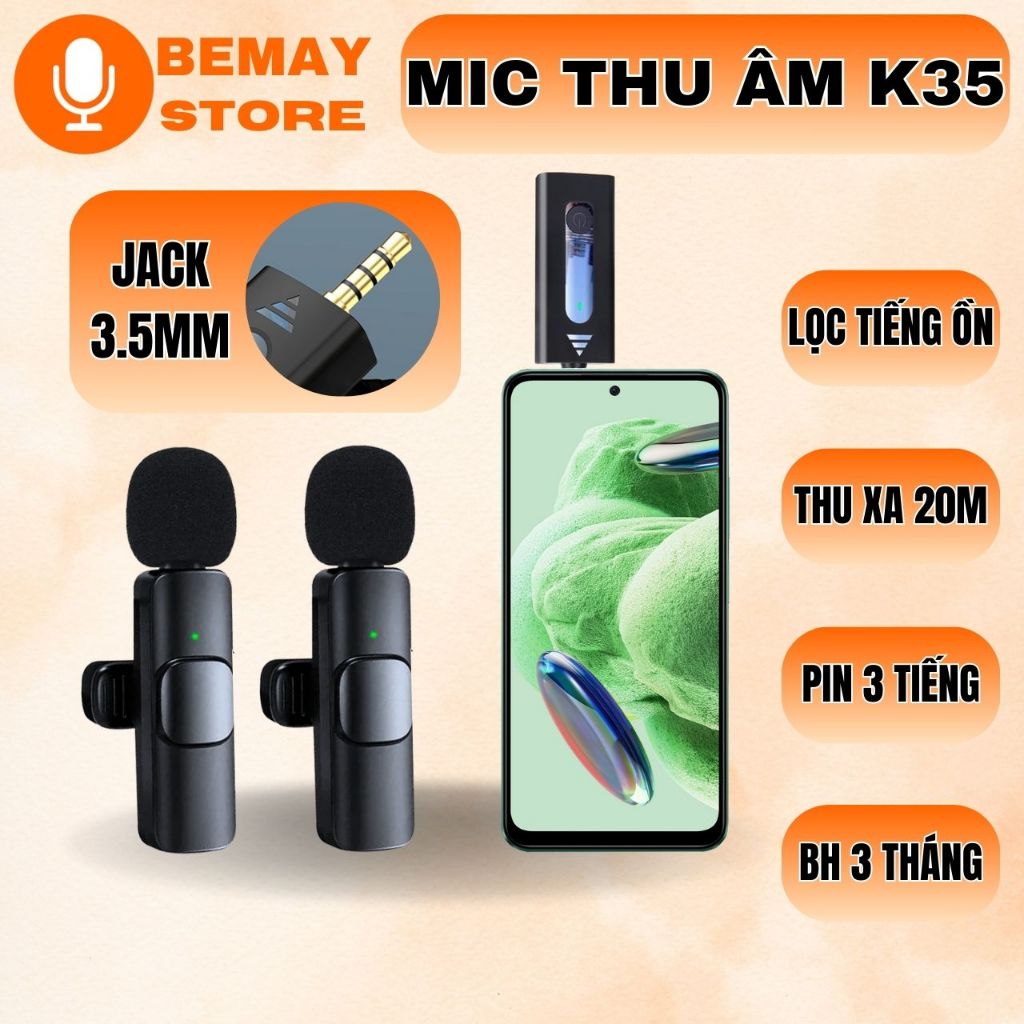 Mic thu âm K35, micro không dây cài áo cổng jack 3.5mm cho điện thoại ...