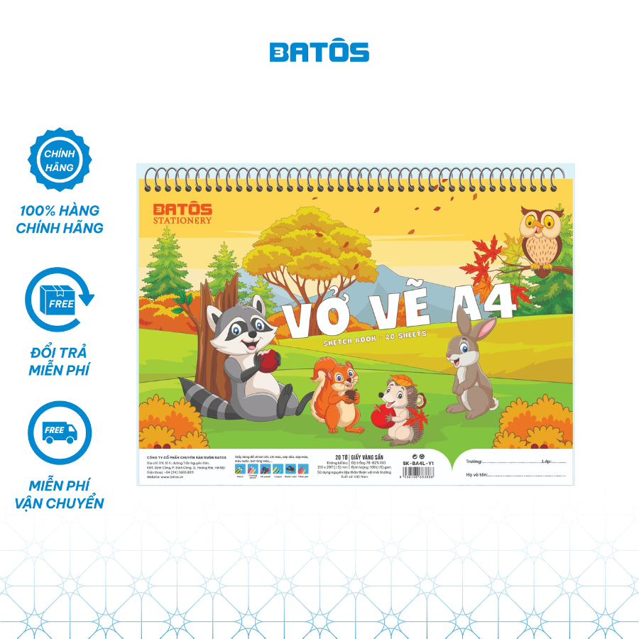Vở vẽ 100gsm 40 trang (20 tờ) gáy lò xo A4 Batôs 3 SK-BA4L-Y1 giấy vàng chất lượng cao.