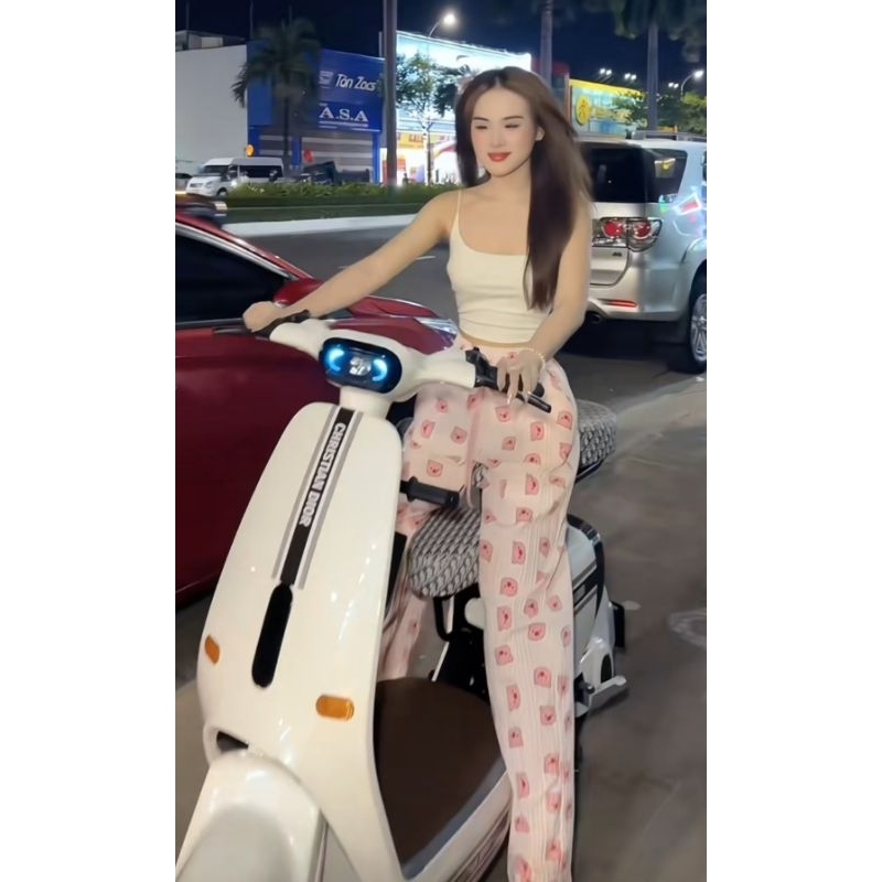 [ Rẻ Vô Địch ] Sét Bộ Quần Ống Suông Họa Tiết Hoạt Hình Heo Hồng + Mix Áo 2 Dây Bún
