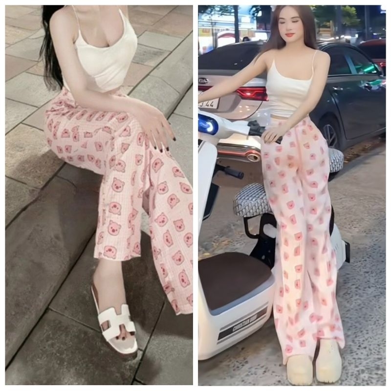 [ Rẻ Vô Địch ] Sét Bộ Quần Ống Suông Họa Tiết Hoạt Hình Heo Hồng + Mix Áo 2 Dây Bún