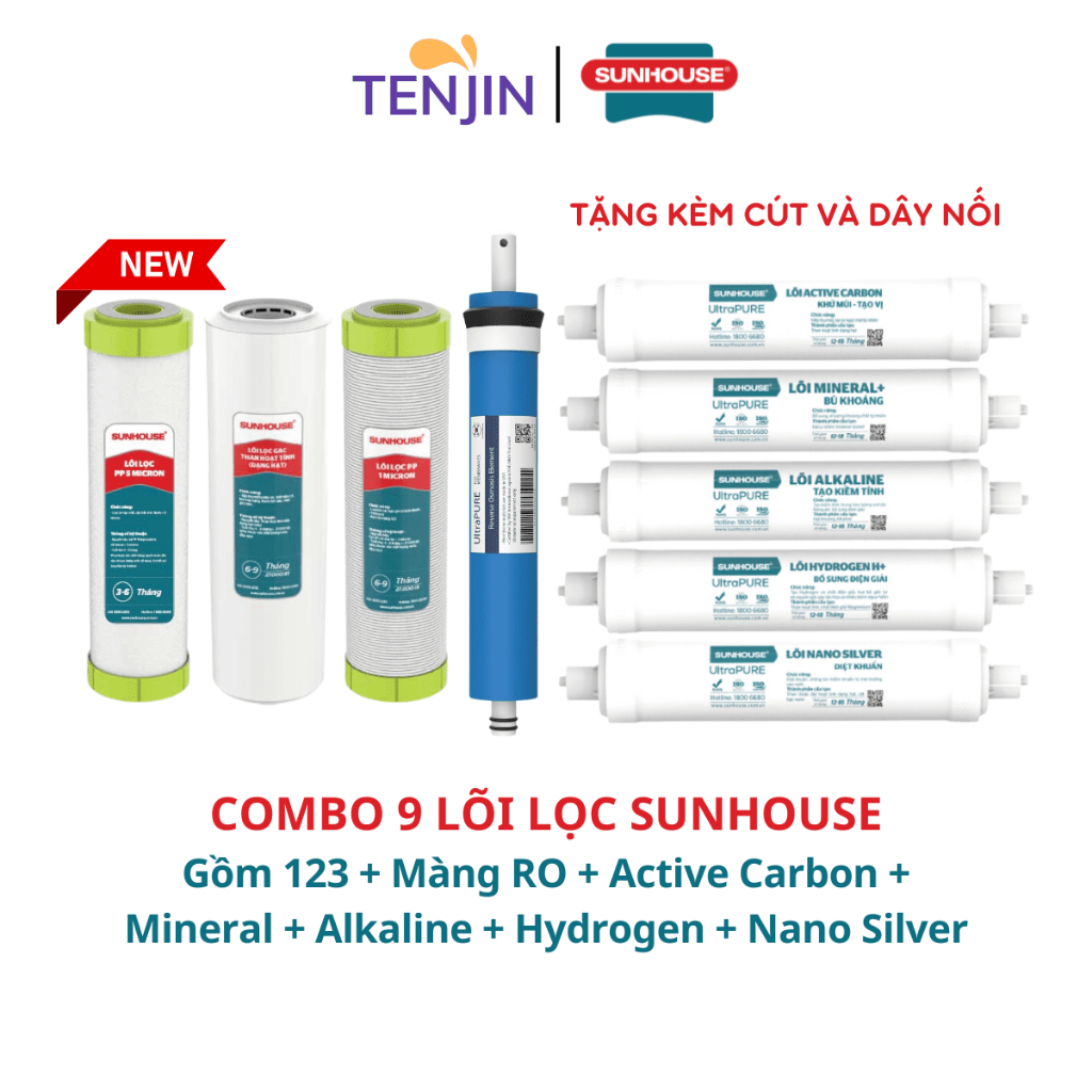 Combo 9 Lõi Lọc Nước SUNHOUSE Mới Cắm Nhanh Chính Hãng Gồm 123 + Màng RO Sunhouse V7 + 5 Lõi Chức Năng Model SHA8819KV