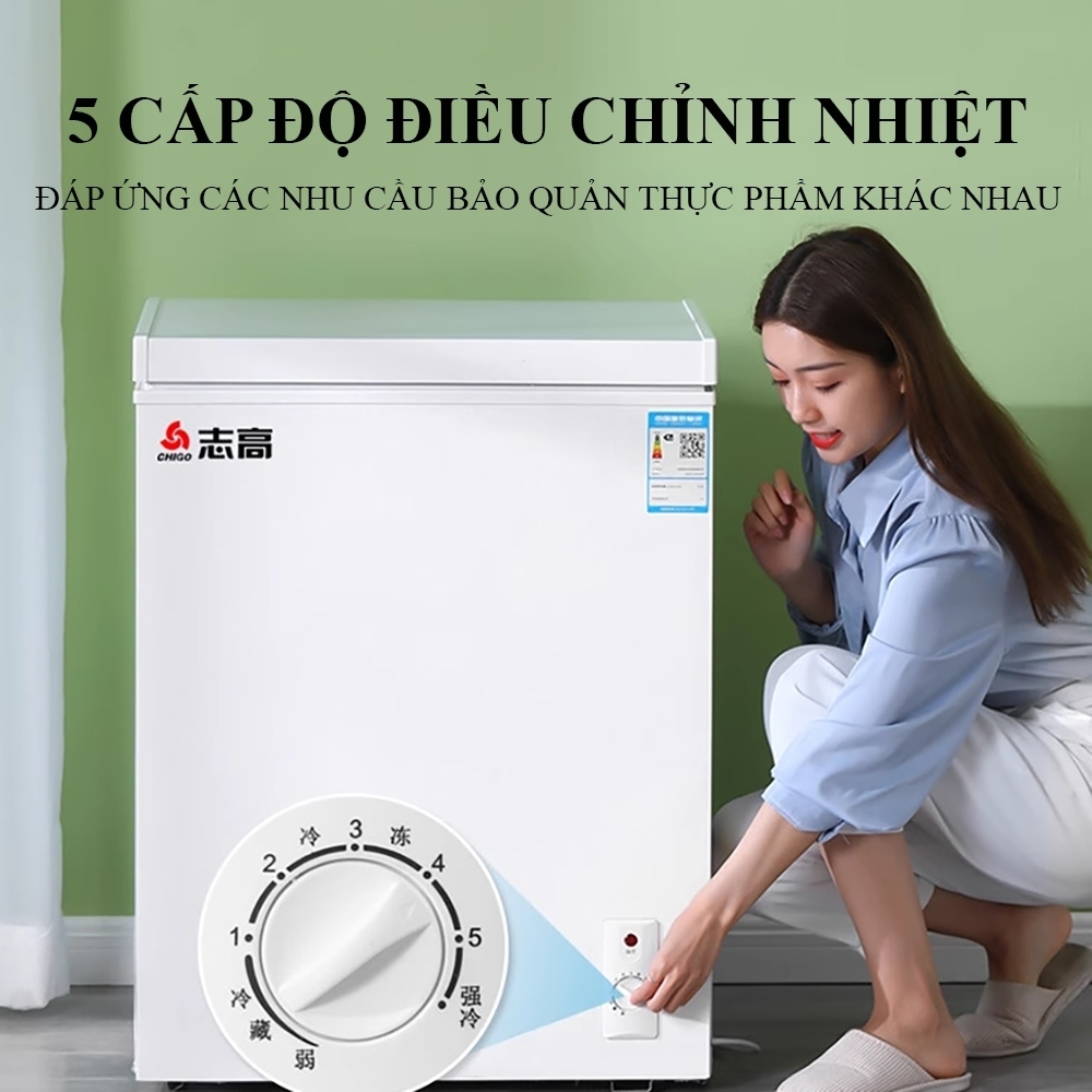 Tủ đông mini Chigo tiết kiệm điện với 5 cấp số, tủ lạnh mini trữ thịt cá đông lạnh, làm đá, trữ sữa thực phẩm đa năng