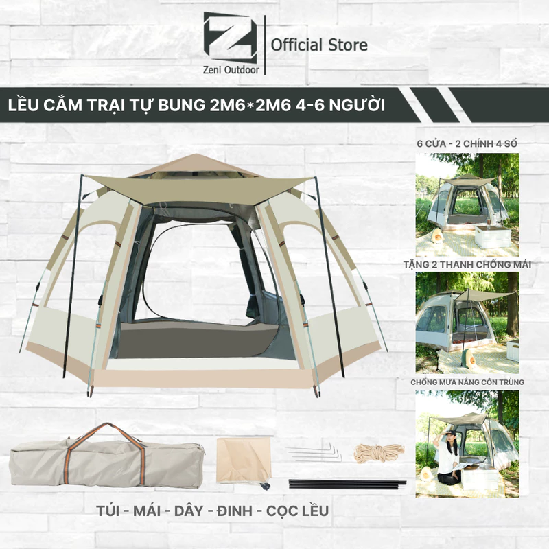 Lều cắm trại, lều tự bung lục giác 6 cửa 2 cửa chính 4 cửa sổ nhóm 6-8 người chống tia UV, chống mưa, chống côn trùng — ảnh 1