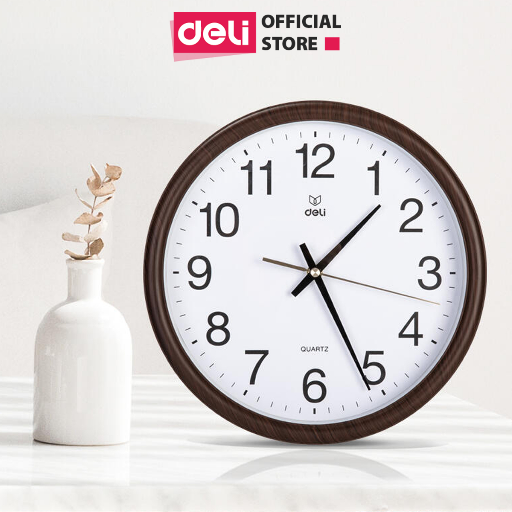 Đồng Hồ Treo Tường Vân Gỗ Cao Cấp Deli Kèm móc treo, Kim trôi Không Ồn 8842