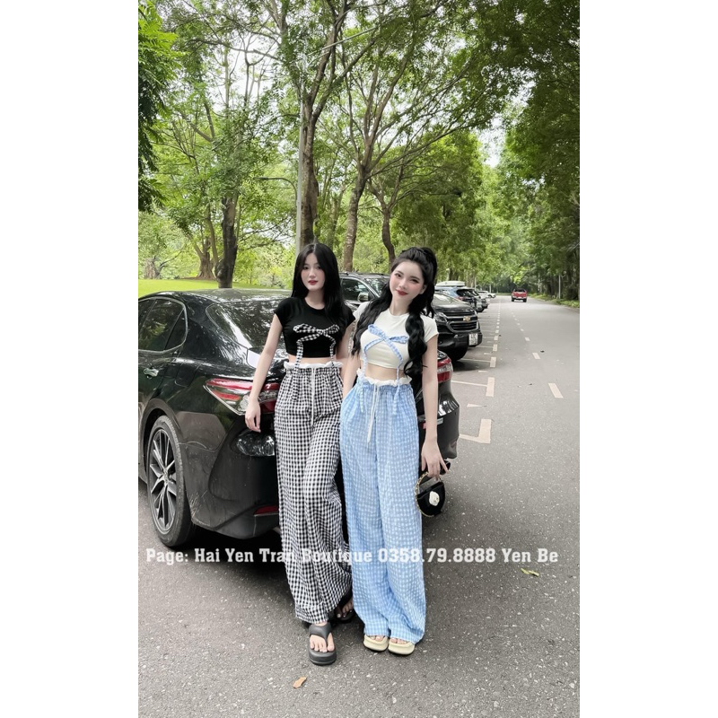 Sét bộ thun nữ, sét bộ carro, áo croptop đính nơ to, quần carro suông dài lưng thun nhún eo