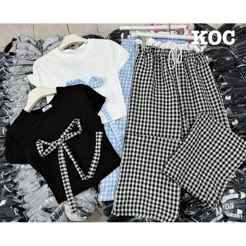 Sét bộ thun nữ, sét bộ carro, áo croptop đính nơ to, quần carro suông dài lưng thun nhún eo